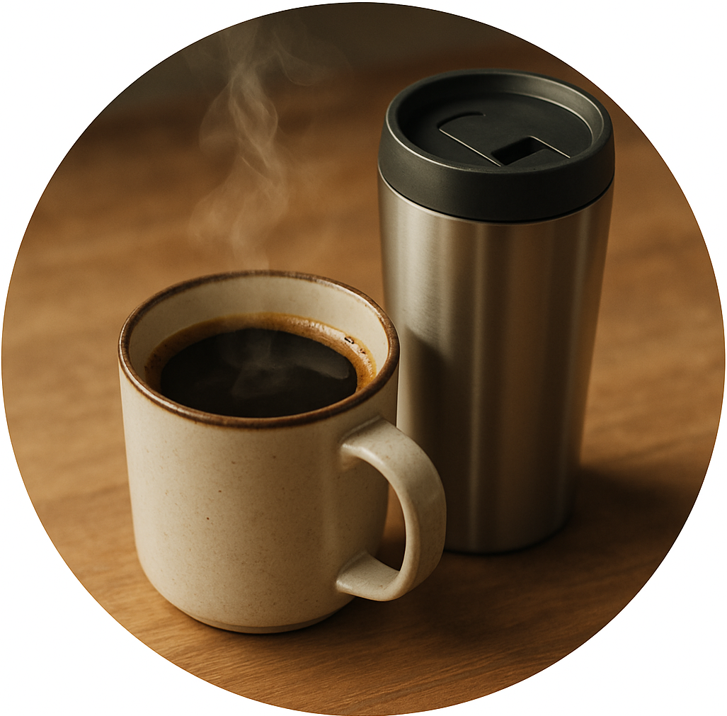 circle photo of coffee and tumbler, make it a real photo